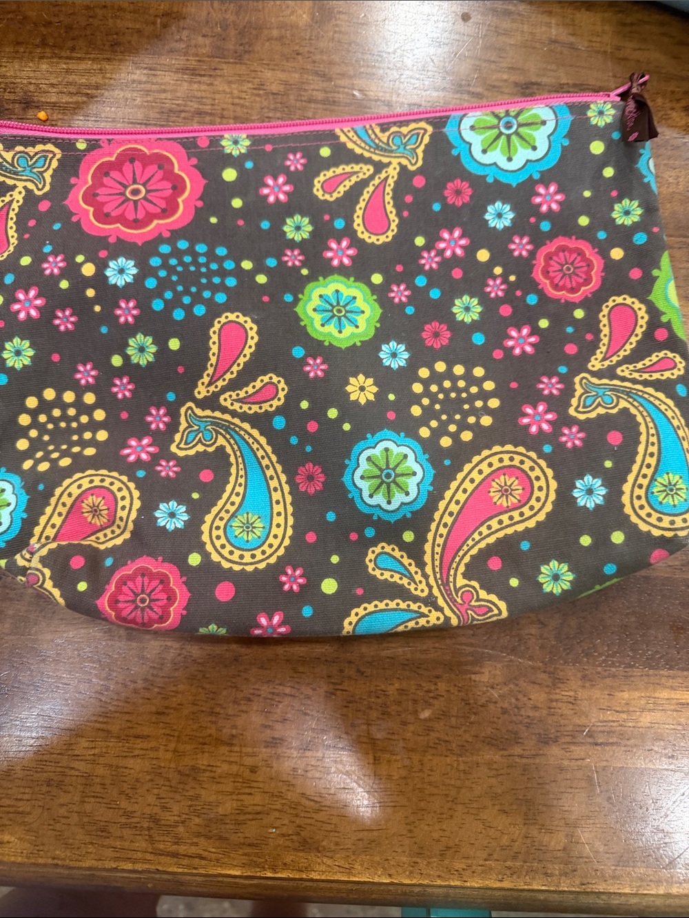 thirty-one Brown Floral Paisley Cosmetic Pouch with Pink Zipper